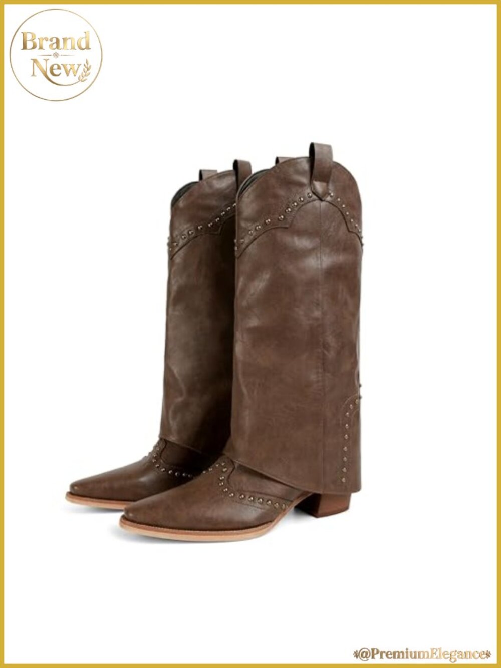MAIJED Women's Studded Fold Over Mid Calf Chunky Heel Cowboy Boots